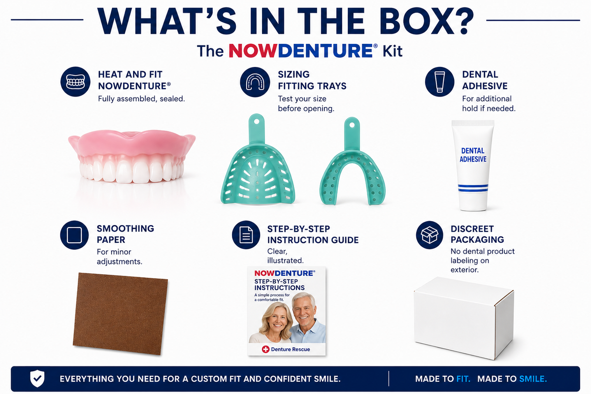 Heat and Fit™ NowDenture™ – Immediate Dentures by Mail – Fully Assembled and Ready to Use in Minutes! Exclusively from Denture Rescue. NowDenture