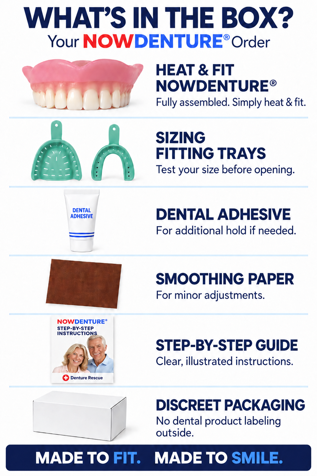 Heat and Fit™ NowDenture™ – Immediate Dentures by Mail – Fully Assembled and Ready to Use in Minutes! Exclusively from Denture Rescue. NowDenture